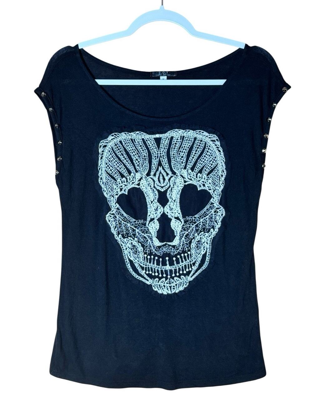 Y2K Womens S.O.Y. Skull Embroidered Black Top Studded Goth Punk Grunge Tee Sz S